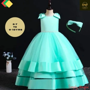 Elegant Aqua Blue Party Gown for Girls (Ages 6–10) with Matching Headband
