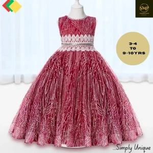 Luxury Red Sequin Party Gown for Girls (Ages 3–10) – Sleeveless Design with Lace Waist Detail