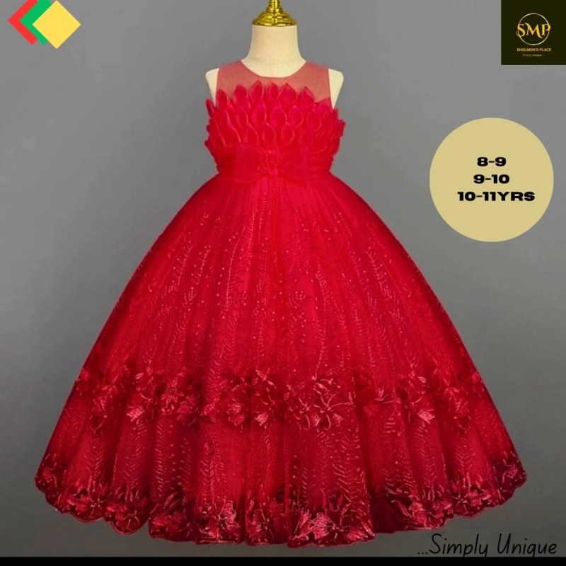 Elegant Red Sleeveless Girls Ball Gown – Birthday & Party Dress for Ages 8–11
