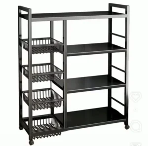 5-Tier Multipurpose Kitchen Storage Rack with Sliding Baskets – Heavy-Duty Utility Shelf on Wheels (Black)