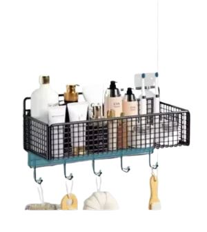 Wall-Mounted Bathroom Storage Basket with Hooks – Rustproof Shower Organizer Rack for Toiletries & Accessories