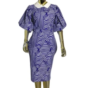 Beautiful Women's Zuriel Afrique Blue & White Patterned Midi Dress with White Collar