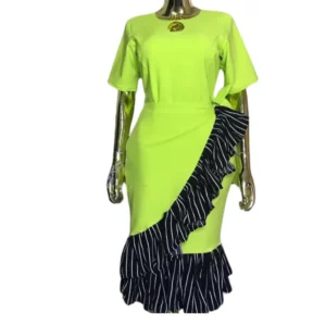 Women's Chic Lime Green Midi Dress - Ruffled Black & White Stripe Accent