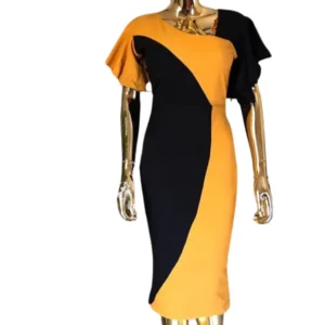 Chic Women's Two-Tone Asymmetrical Midi Dress - Black & Mustard Yellow