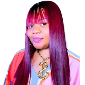 Classic 18” Burgundy Closure Fringe Bone Women's Fuchsia Pink Straight Wig with Bangs - Long Human Hair Wig