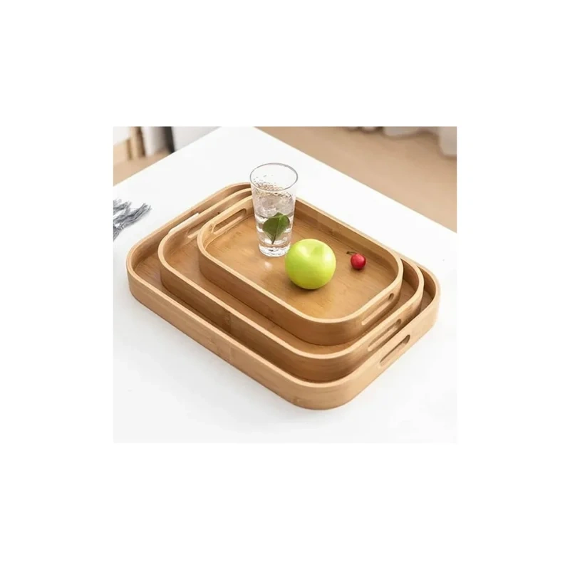 Set of 3 Bamboo Wooden Serving Trays with Handles1