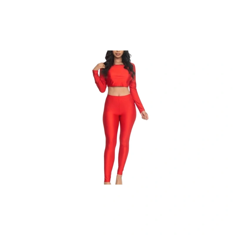 Red Long Sleeve Crop Top and Leggings Set