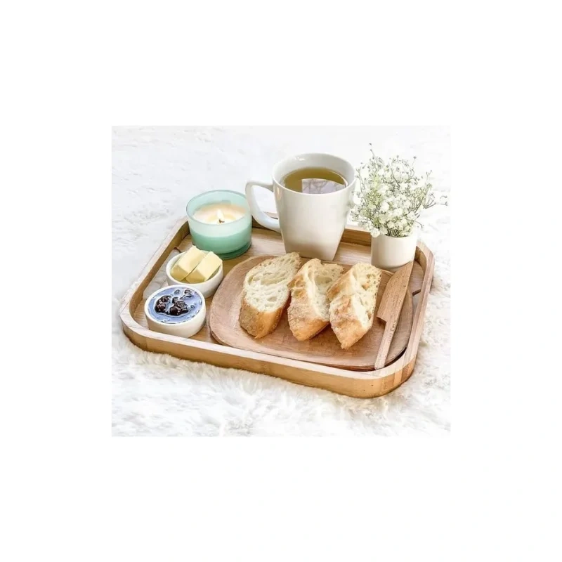 Set of 3 Bamboo Wooden Serving Trays with Handles