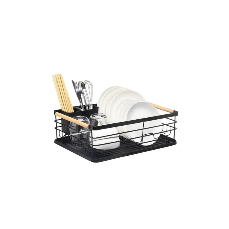 Compact Black Dish Drying Rack with Wooden Handles2