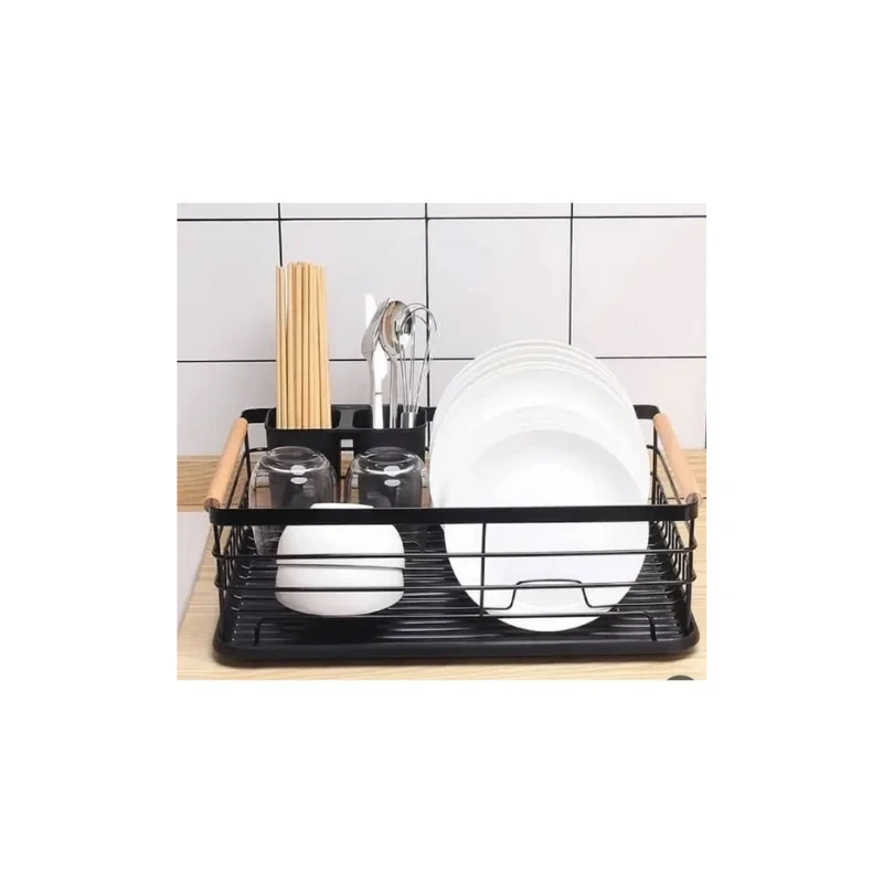 Compact Black Dish Drying Rack with Wooden Handles1