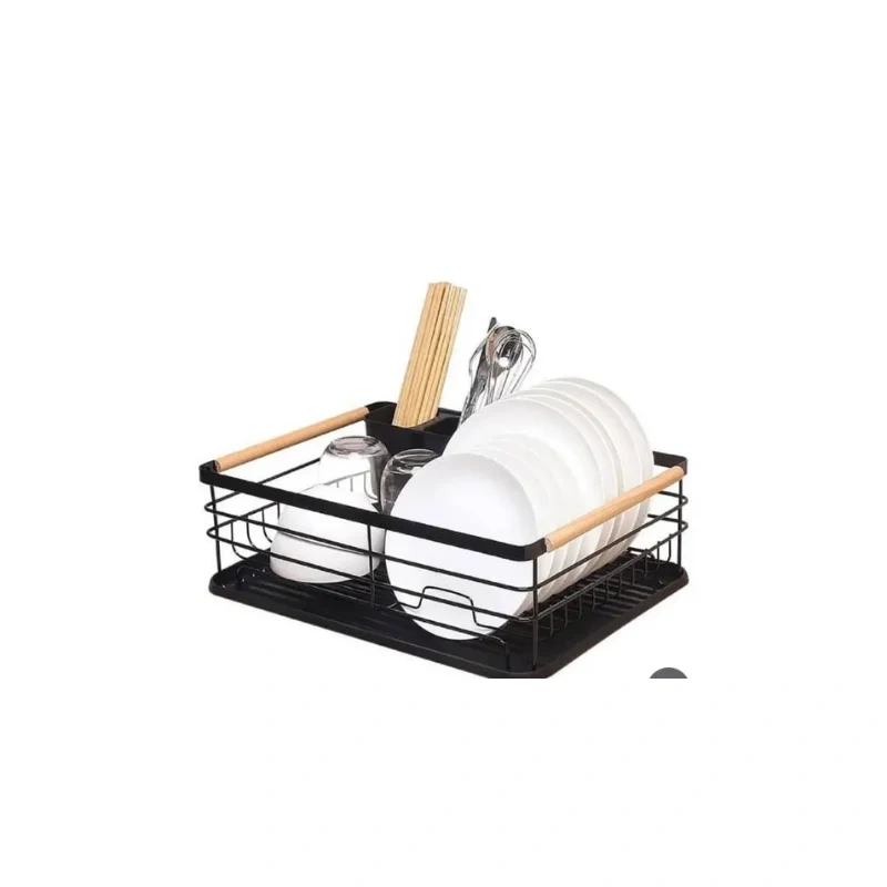 Compact Black Dish Drying Rack with Wooden Handles