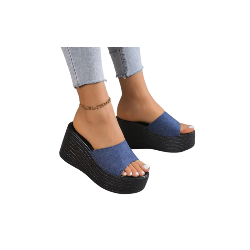 Stylish Summer Slides - Women's Black Denim Platform Wedge Sandals 1