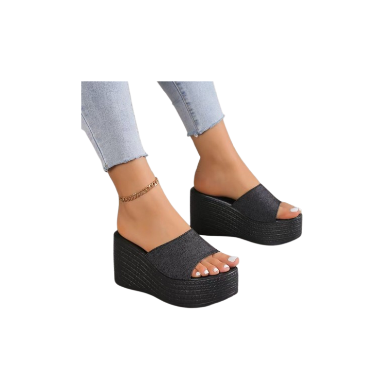 Stylish Summer Slides - Women's Black Denim Platform Wedge Sandals