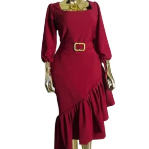 Women's Elegant Red Midi Dress - Square Neck, Belted, Ruffle Hem