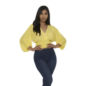 Beautiful Smocked Hem Neon Yellow Chiffon Top with Kimono-Like Sleeves – Bold & Elegant