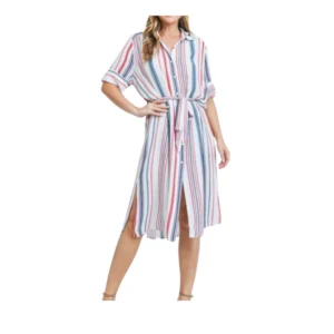 Beautiful Women's Striped Midi Shirt Dress with Tie Waist