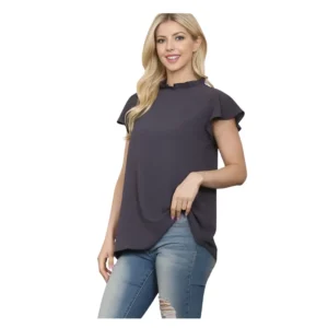 Elegant High Neckline Flutter Sleeve Charcoal Top – Effortless Chic
