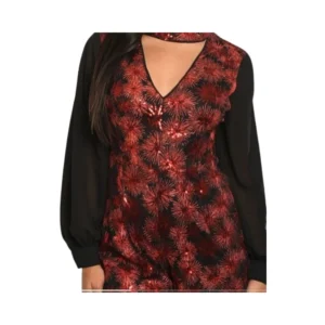 Elegant Women's Red and Black Sequin Mini Dress with Long Sleeves