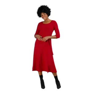 Elegant 3/4 Sleeve Red Stretch Midi Dress – Timeless & Chic
