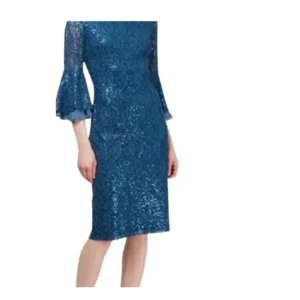 Elegant Blue Sequin Midi Dress with Bell Sleeves