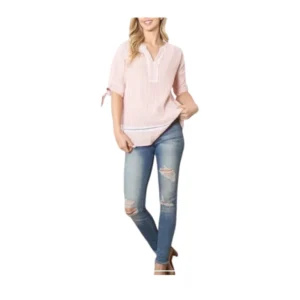 Beautiful Pink Embroidered Peasant Top with Tie Sleeves