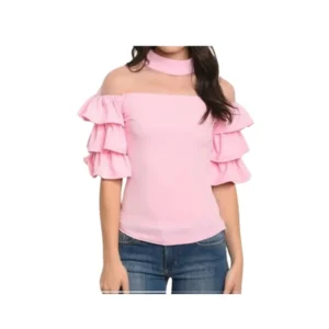 Pink Off-the-Shoulder Top with Ruffle Sleeves and Choker Detail