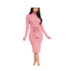 Elegant Pink Turtleneck Long Sleeve Midi Dress with Tie Waist