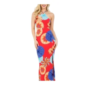 Beautiful Floral Print Halter Neck Maxi Dress with Waist Cutout and Slit