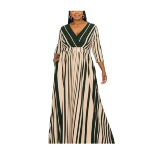 Striped V-Neck Maxi Dress with 3/4 Sleeves and Pockets