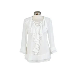 Beautiful White Ruffle Blouse with Lace-Up Neckline