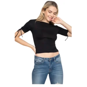 women's top, ribbed top, knit top, tie sleeve top, elbow sleeve top, casual top, fitted top, black top