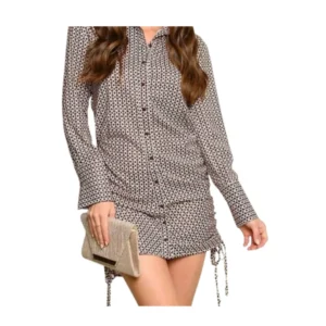 Printed Long Sleeve Shirt Dress with Adjustable Drawstring Hem