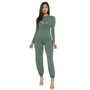 Elegant Women's Long Sleeve Knit Jumpsuit with Chest Cutout