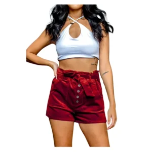Elegant Women's High-Waisted Velvet Shorts with Button Front and Tie Belt
