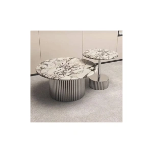 Italian Modern Set of 2 Marble and Stainless Steel Coffe Center Tables