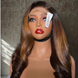 Luxury 20”5*5 Single donor Women's Brown Highlighted Wavy Wig - Long Human Hair Lace Wig