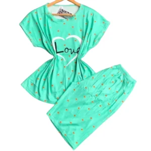 Women's Cute Mint Green "Love" Heart Print Pajama Set - Short Sleeve & Capris