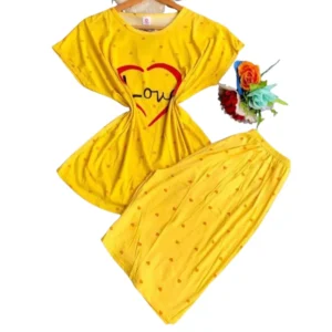 Women's Bright Yellow "Love" Heart Print Pajama Set - Short Sleeve & Capri Length