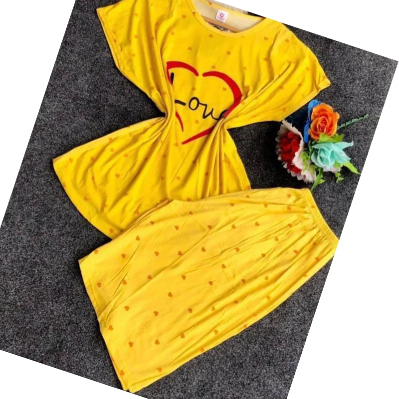 Women's Bright Yellow "Love" Heart Print Pajama Set1