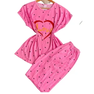 Women's Sweet Pink "Love" Heart Print Pajama Set - Short Sleeve & Capri Length