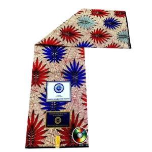 U&JB High Fashion Guaranteed Real Wax Print Fabric - Red & Blue Palm Leaf Design