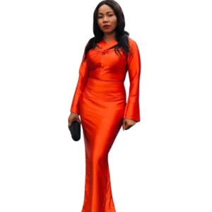 Women's Elegant Orange Long Gown - Pleated Detail Formal Dress