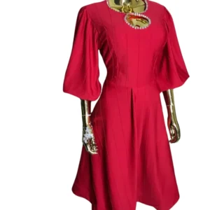 Women's Elegant Red Midi Dress - Rhinestone Cutout Neckline & Bell Sleeves