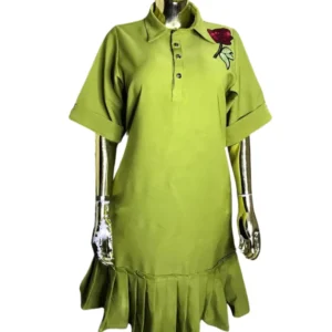 Women's Chic Olive Green Shirt Dress - Collared Midi with Rose Embroidery
