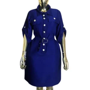 Women's Chic Navy Blue Shirt Dress - Roll-Tab Sleeves & Belted Utility Dress