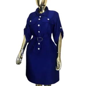 Women's Chic Navy Blue Shirt Dress - Roll-Tab Sleeves & Belted Utility Dress1