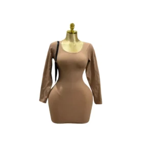 Elegant Women's Nude / Brown Ribbed Knit Long Sleeve Mini Dress - Bodycon Dress