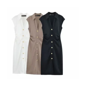 Beautiful Women's Button-Front Collared Mini Dress - Sleeveless Ruched Casual Dress