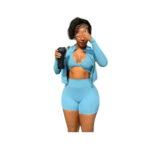 Women's Light Blue Activewear Set - Sports Bra, Shorts & Zip Jacket