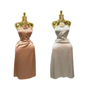 Women's Elegant Halter Neck Satin Midi Dress with Floral Detail - Rose Gold & Silver, Zara Dress